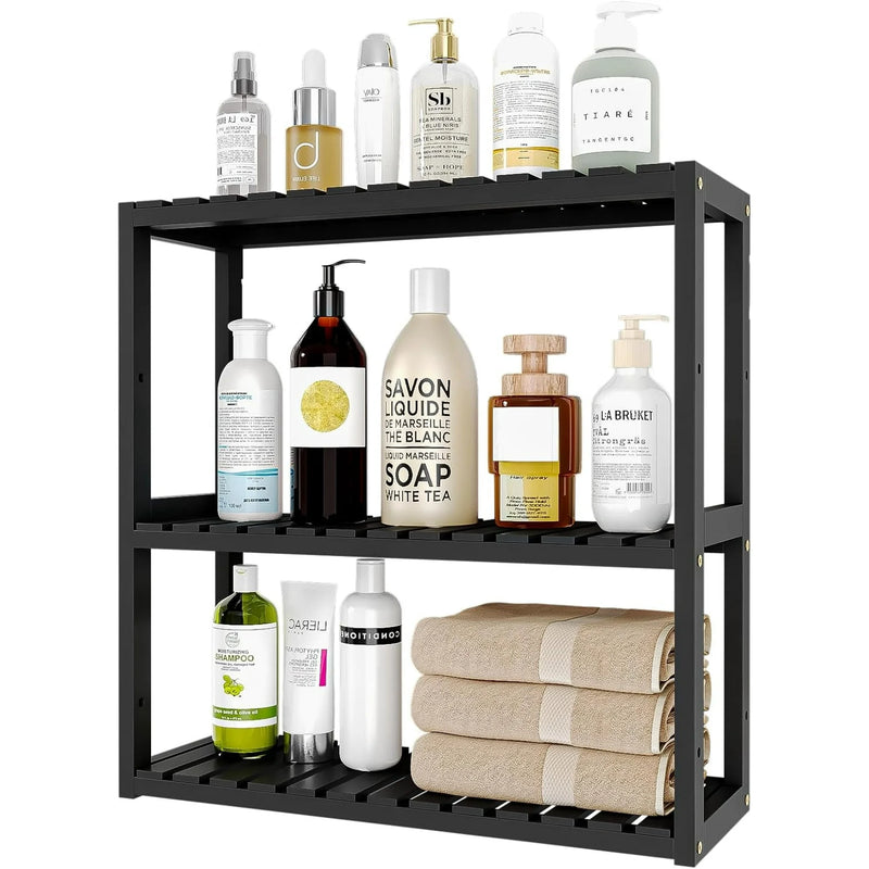 Bamworld Bathroom Shelves for Storage, Small Black Bathroom Shelf Over Toilet, Adjustable 3 Tiers Shelf for Bathroom Storage