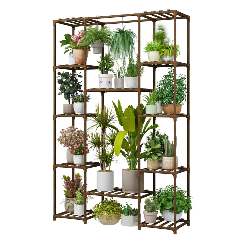 Bamworld Wood Plant Stand Indoor Outdoor, 62.2" Tall Flower Shelf Tiered Plant Stands for Multiple Plants Large Planter Holder Hanging Shelves Rack for Living Room Garden Balcony