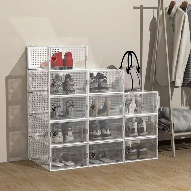 Large Shoe Organizers Storage Boxes for Closet 12 Pack, Clear Plastic Stackable Shoe Containers Bins with Lids, Under Bed Shoe Storage for Entryway, Drop Front, Fit Women&